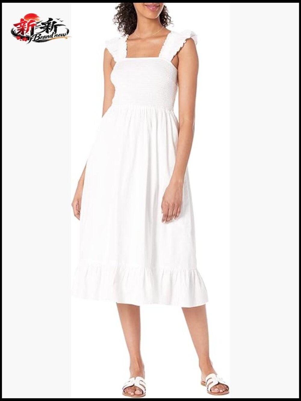 Ruffled Shoulder Smocked Midi Dress Cotton A-Line Sleeveless